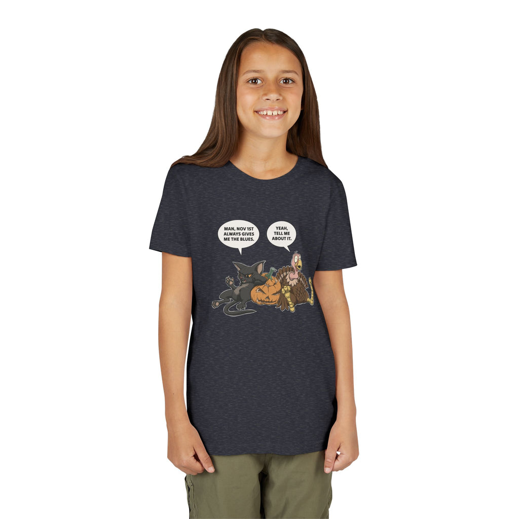 Cartoon Cat & Turkey Discuss the Holidays | Kids T-Shirt | Funny Animal Tee for Boys & Girls