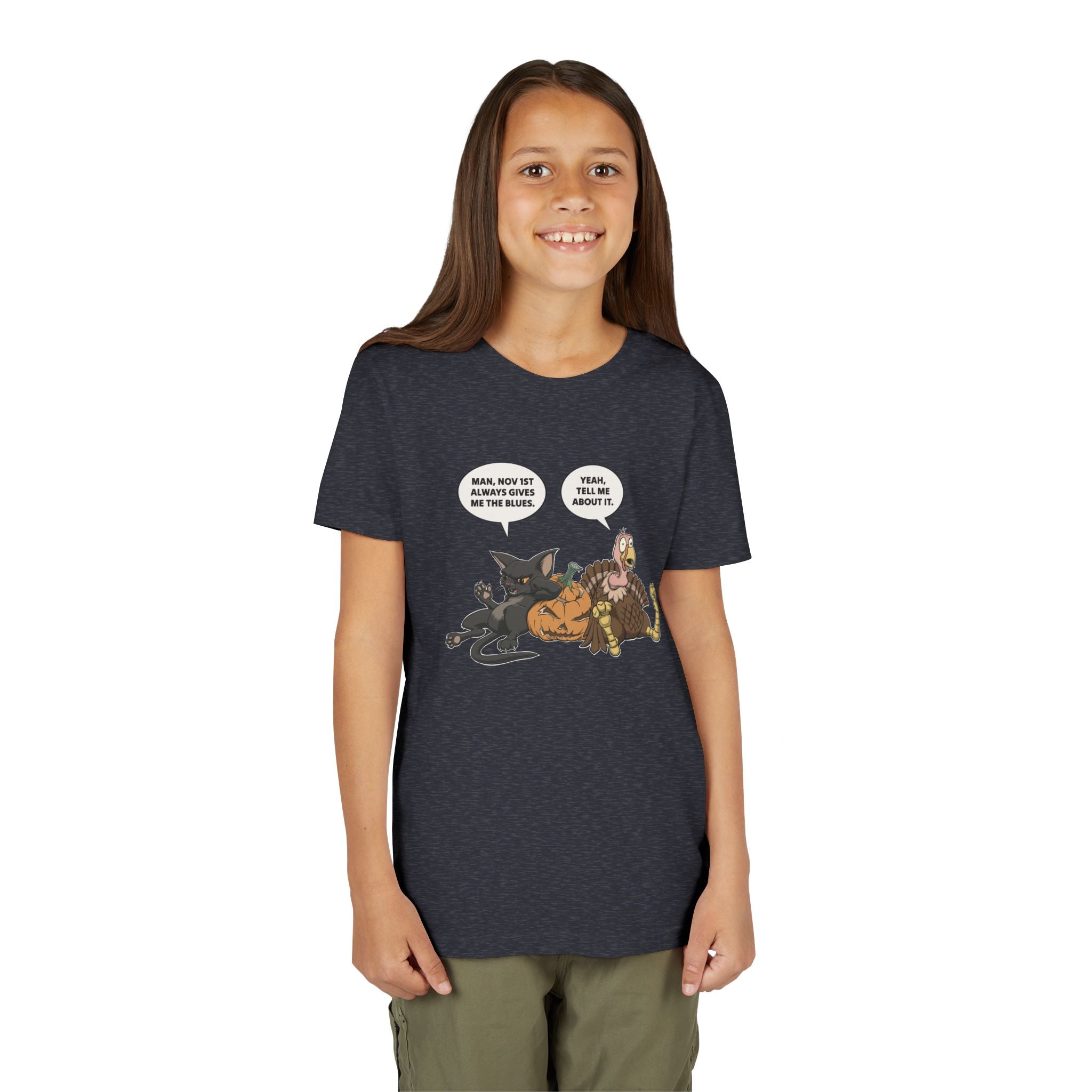 Cartoon Cat & Turkey Discuss the Holidays | Kids T-Shirt | Funny Animal Tee for Boys & Girls
