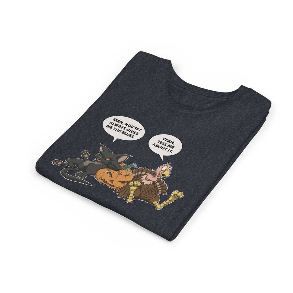Cartoon Cat & Turkey Discuss the Holidays | Kids T-Shirt | Funny Animal Tee for Boys & Girls