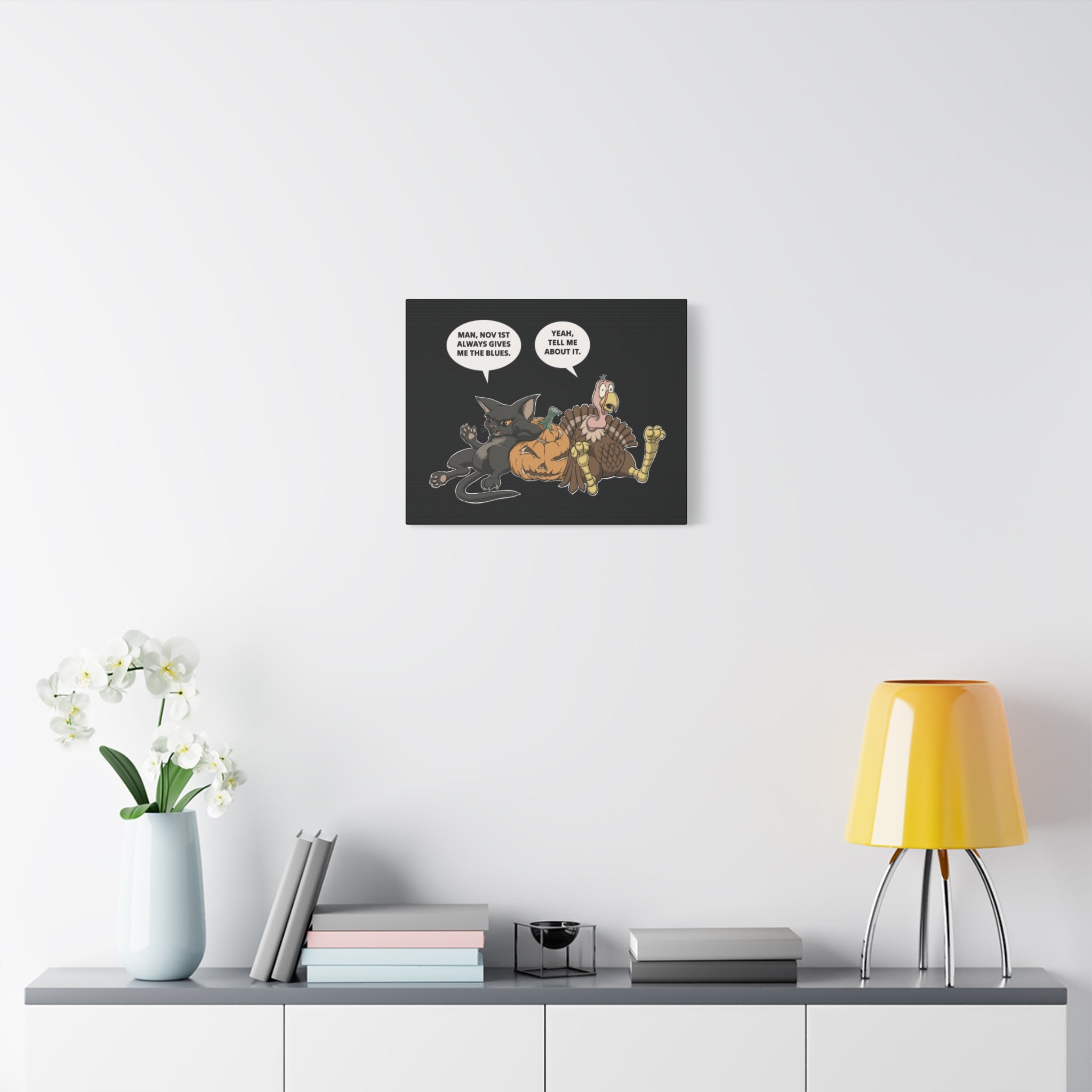 Cat & Turkey Discuss the Holidays | Funny Animal Canvas Print