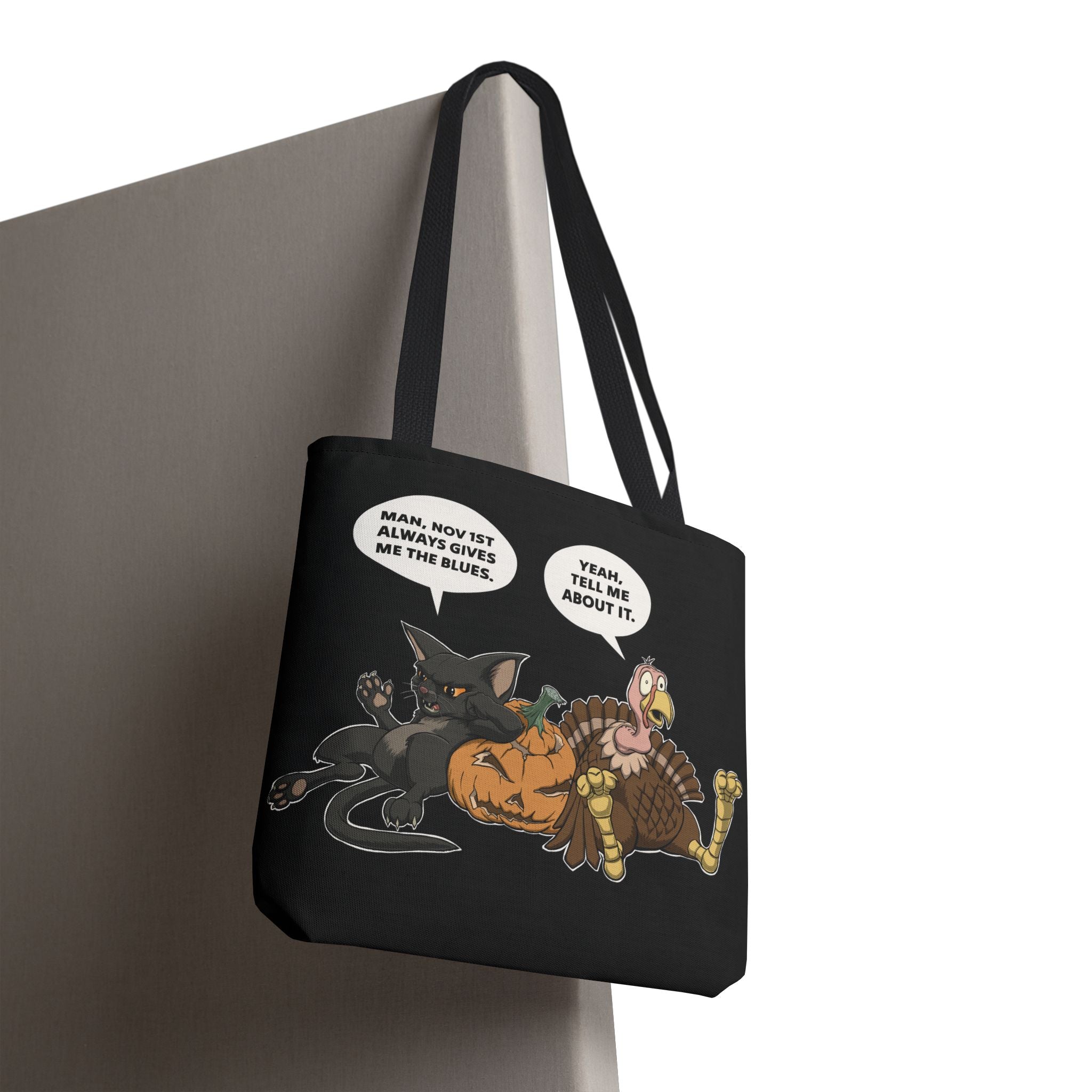Cartoon Cat & Turkey Discuss the Holidays | Tote Bag | Funny Design Bag for Halloween Lovers