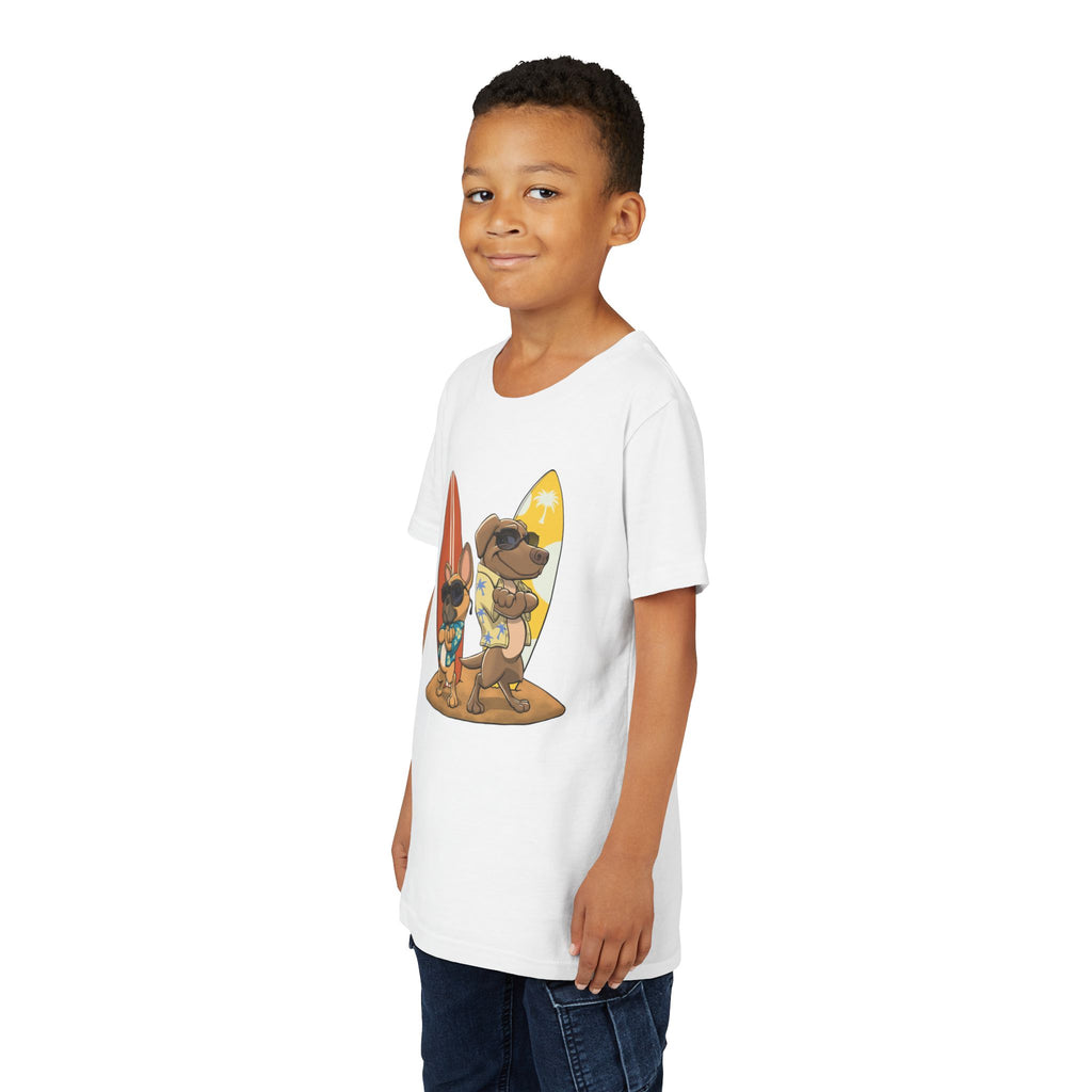 Surfer Dogs Kids T-Shirt | Funny Cartoon Dog Surfboard Tee for Boys & Girls