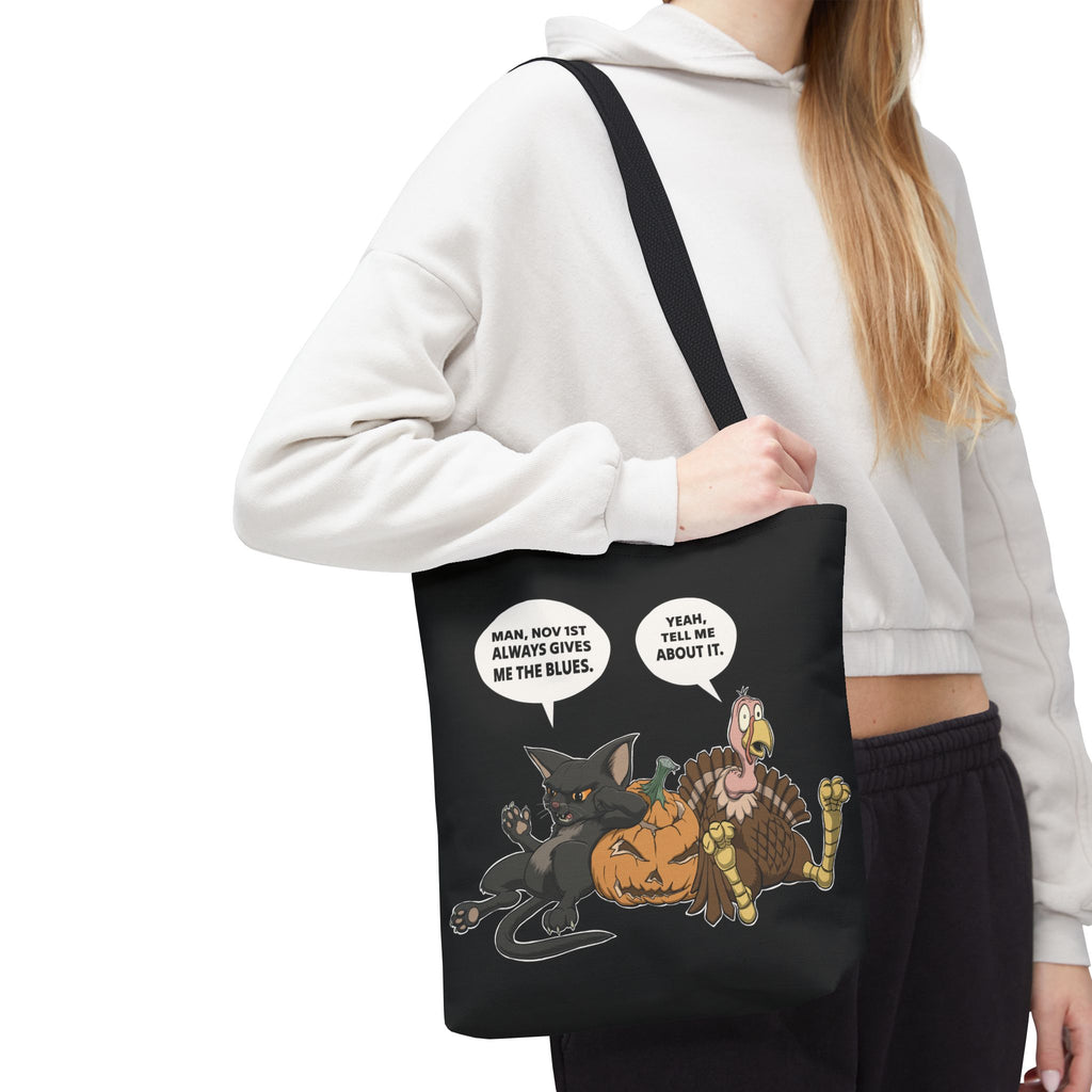 Cartoon Cat & Turkey Discuss the Holidays | Tote Bag | Funny Design Bag for Halloween Lovers