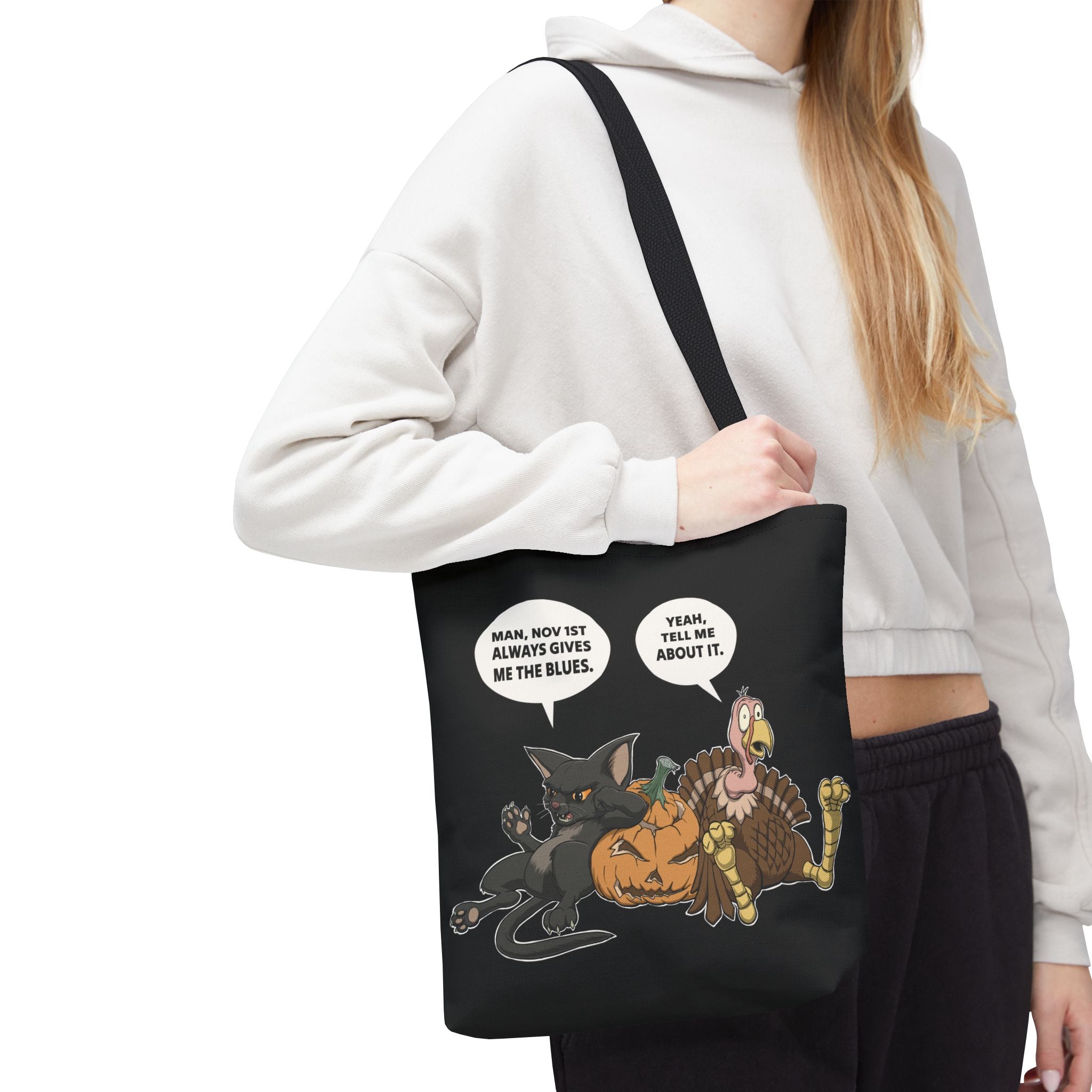 Cartoon Cat & Turkey Discuss the Holidays | Tote Bag | Funny Design Bag for Halloween Lovers