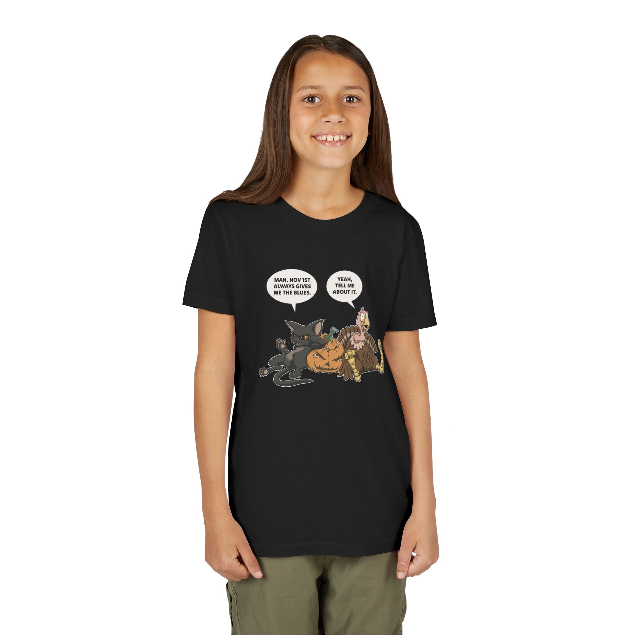 Cartoon Cat & Turkey Discuss the Holidays | Kids T-Shirt | Funny Animal Tee for Boys & Girls