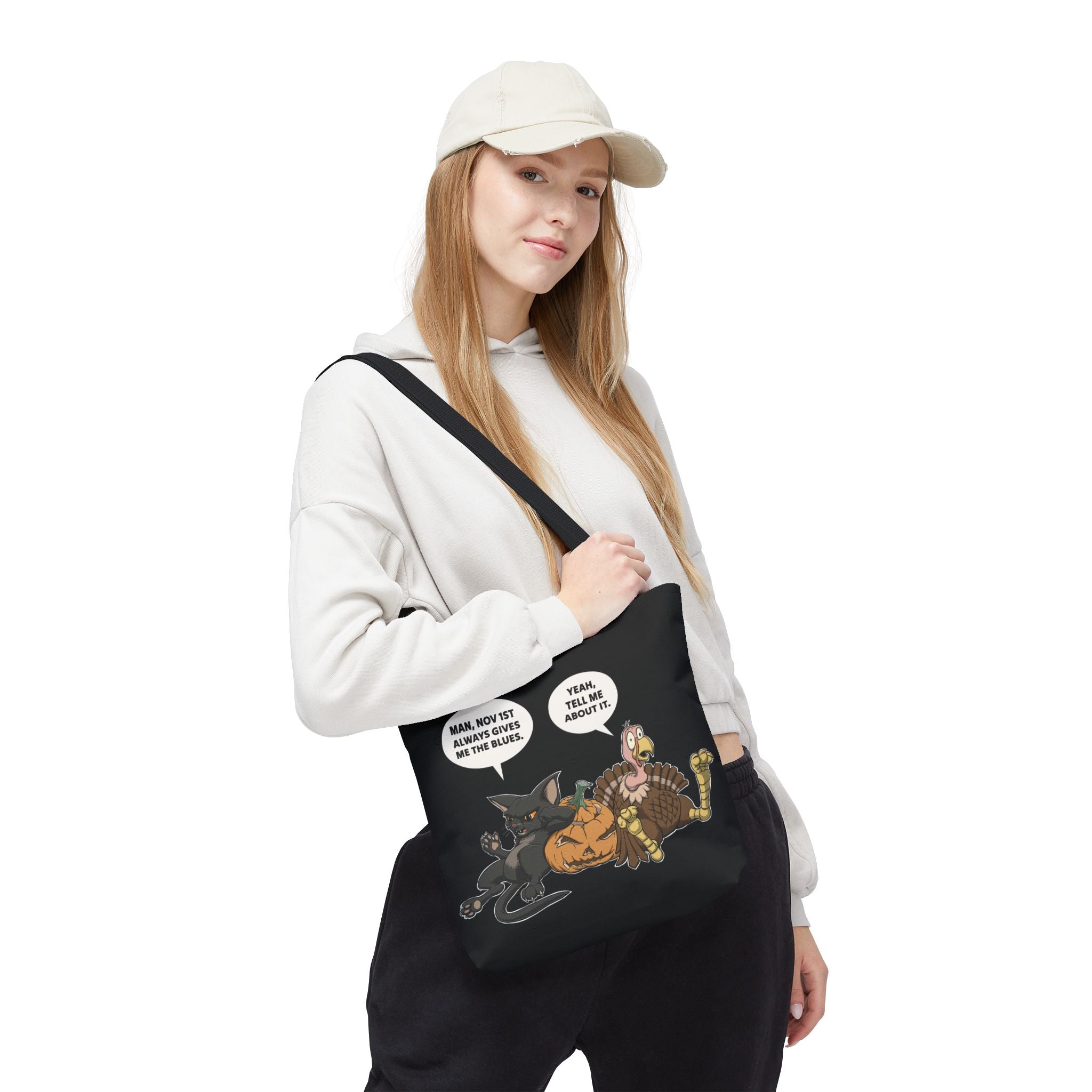 Cartoon Cat & Turkey Discuss the Holidays | Tote Bag | Funny Design Bag for Halloween Lovers