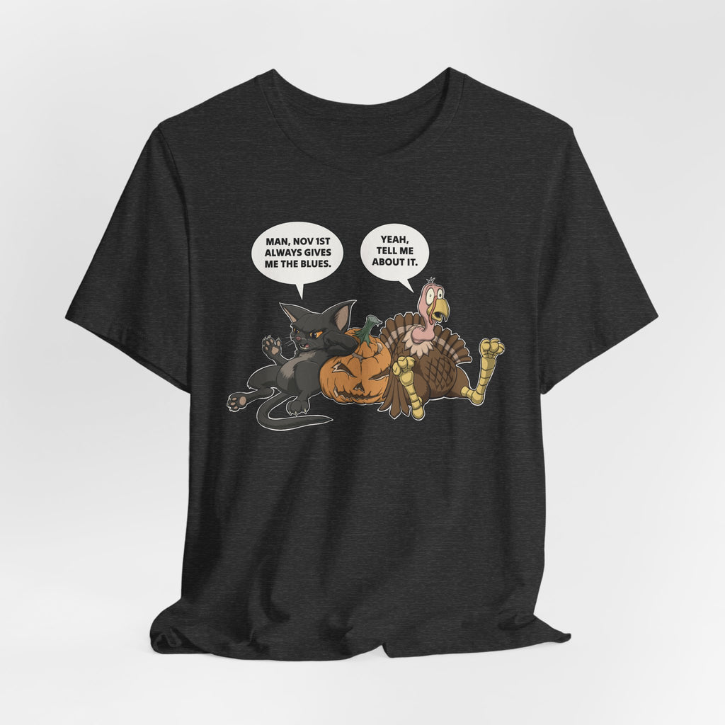Cartoon Cat & Turkey Discuss the Holidays | T-Shirt | Funny Animal Tee for Men & Women