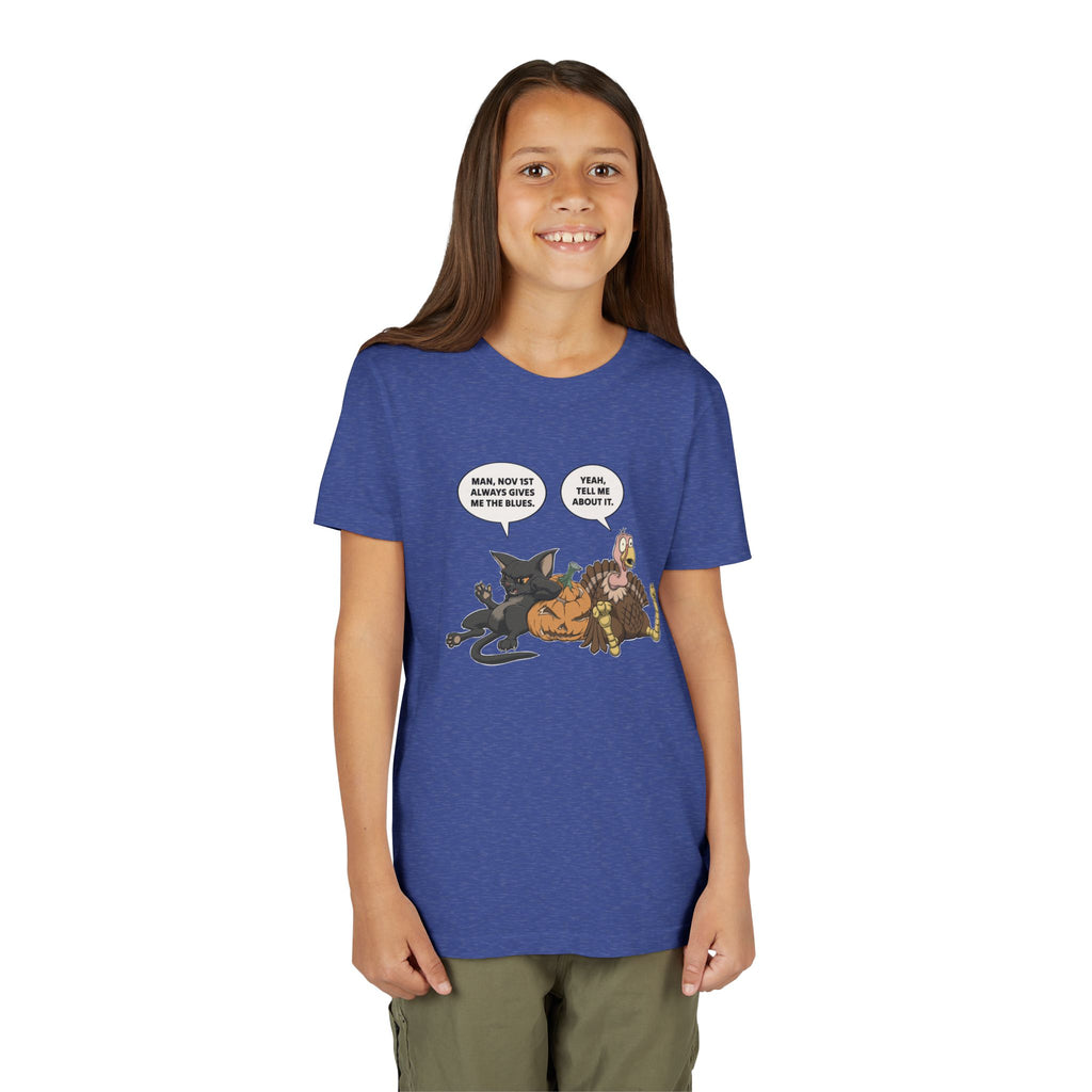 Cartoon Cat & Turkey Discuss the Holidays | Kids T-Shirt | Funny Animal Tee for Boys & Girls