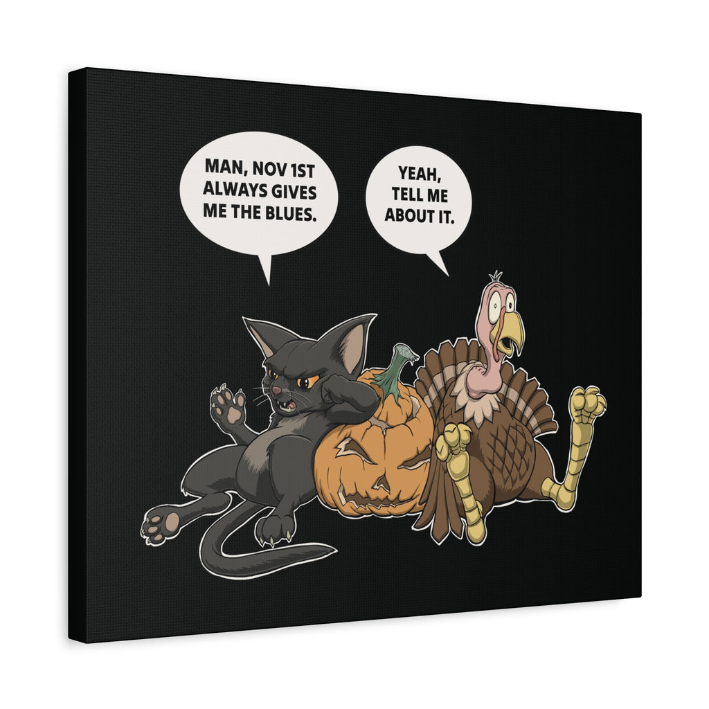 Cat & Turkey Discuss the Holidays | Funny Animal Canvas Print