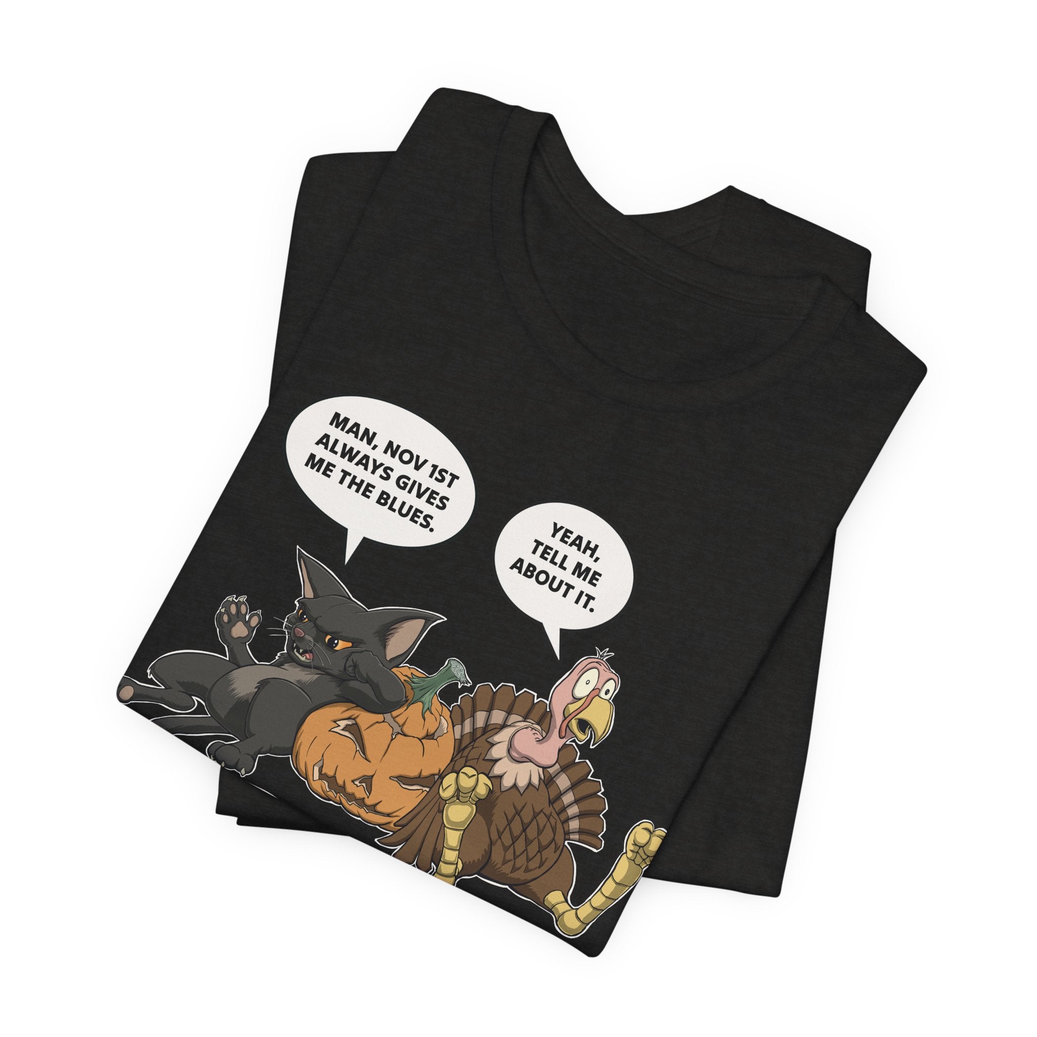 Cartoon Cat & Turkey Discuss the Holidays | T-Shirt | Funny Animal Tee for Men & Women