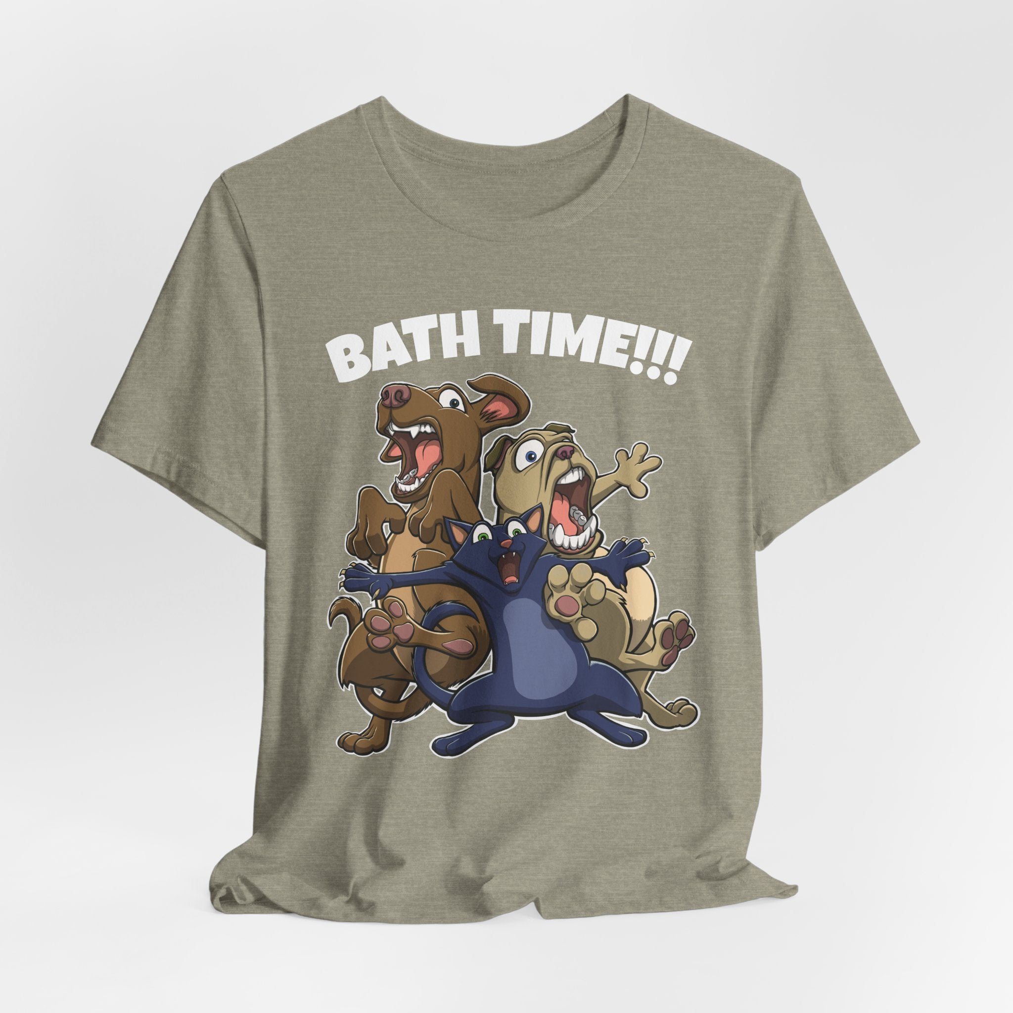 Funny Bath Time Cat & Dogs Cartoon | Unisex Jersey Short Sleeve Tee