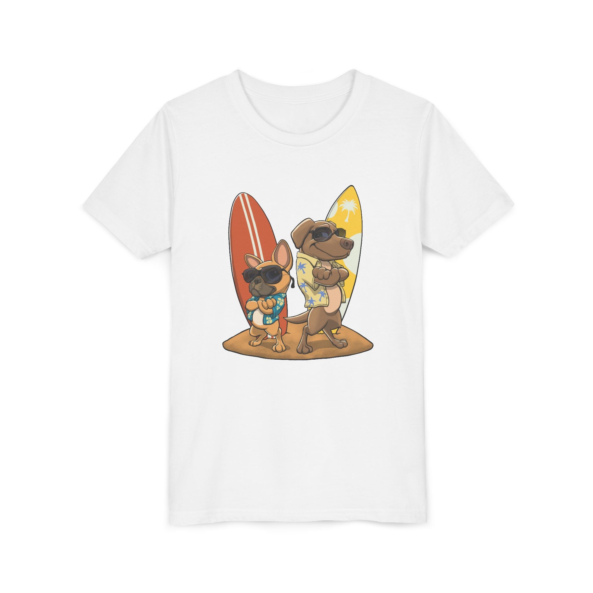 Surfer Dogs Kids T-Shirt | Funny Cartoon Dog Surfboard Tee for Boys & Girls