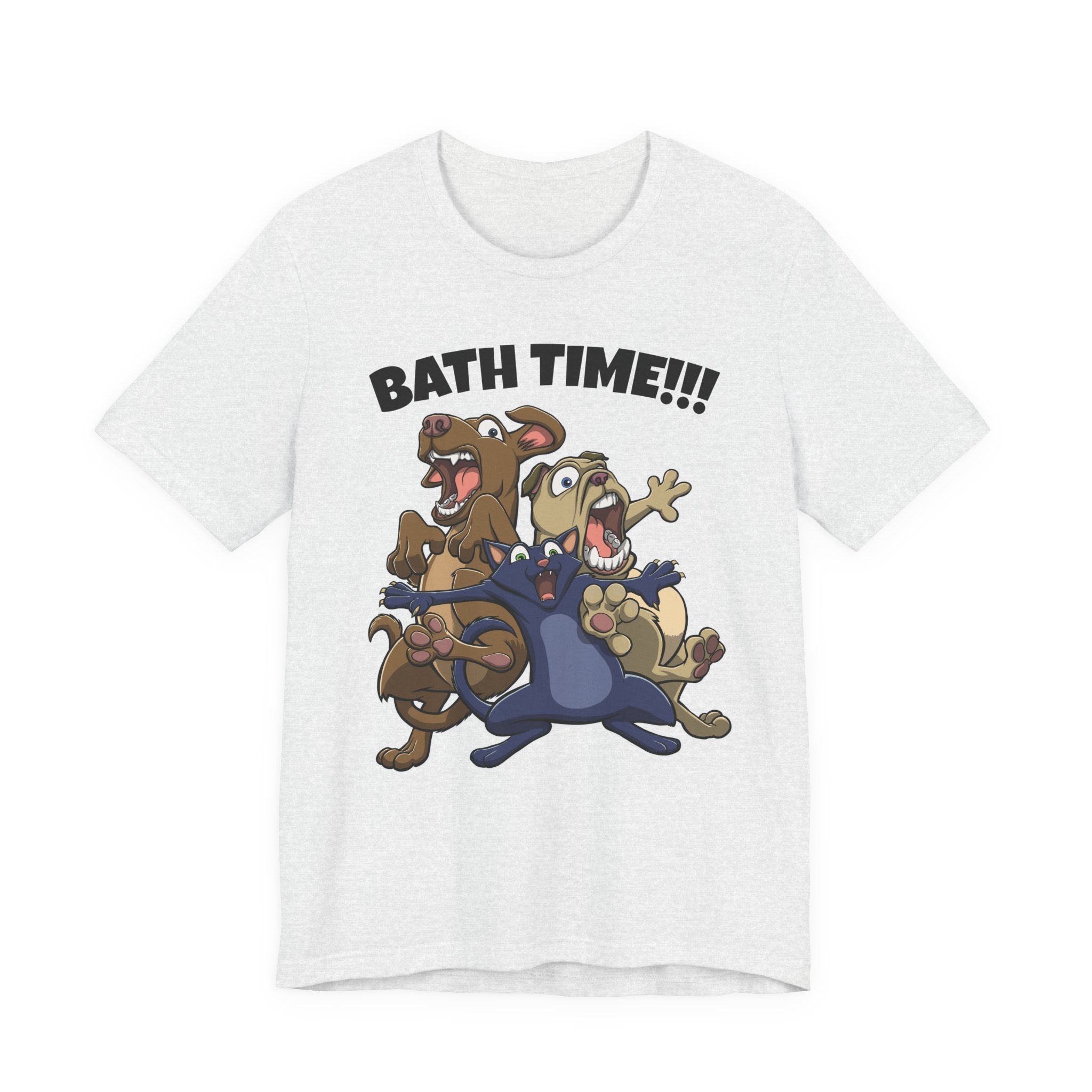 Funny Bath Time Cat & Dogs Cartoon | Unisex Jersey Short Sleeve Tee
