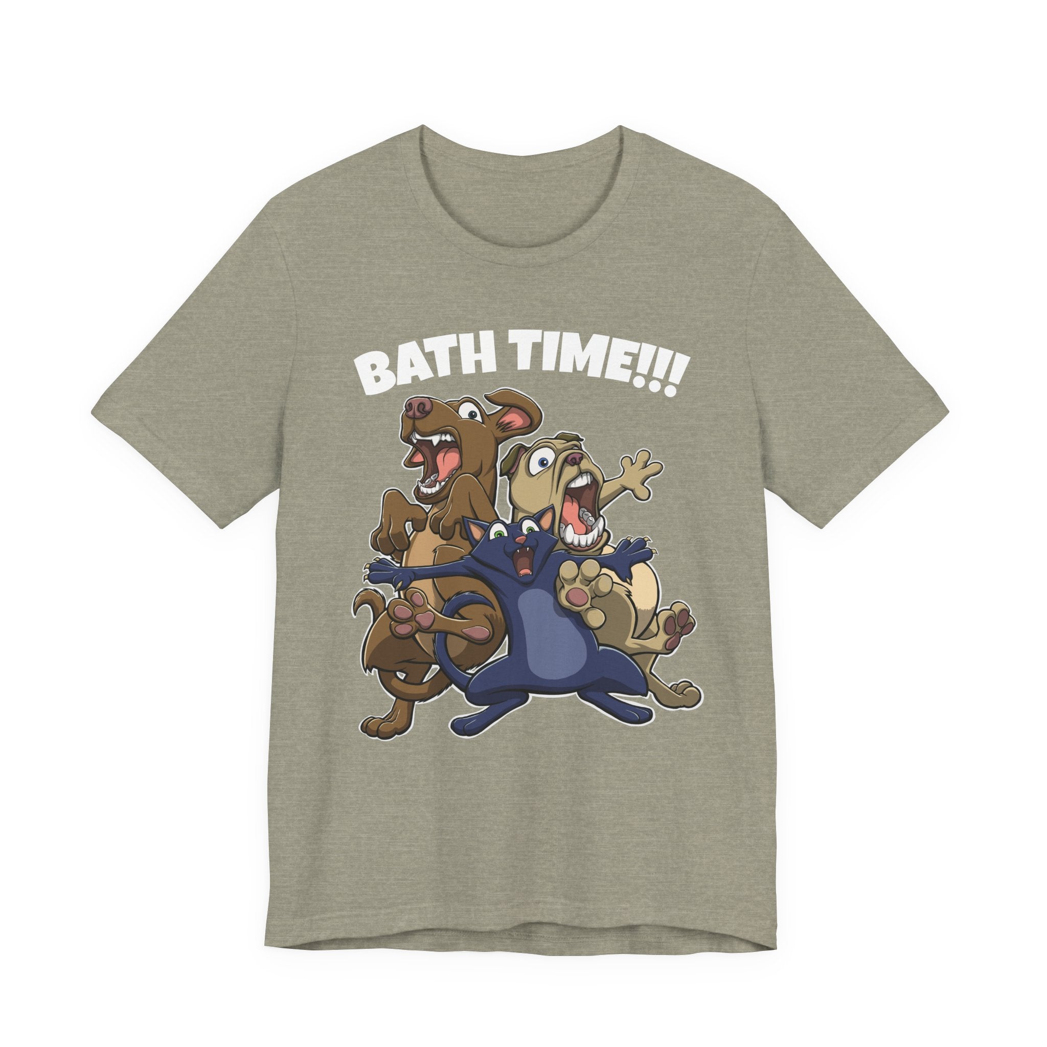 Funny Bath Time Cat & Dogs Cartoon | Unisex Jersey Short Sleeve Tee