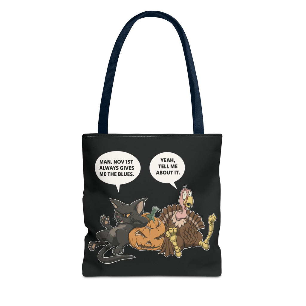 Cartoon Cat & Turkey Discuss the Holidays | Tote Bag | Funny Design Bag for Halloween Lovers