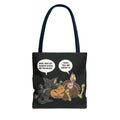 Cartoon Cat & Turkey Discuss the Holidays | Tote Bag | Funny Design Bag for Halloween Lovers