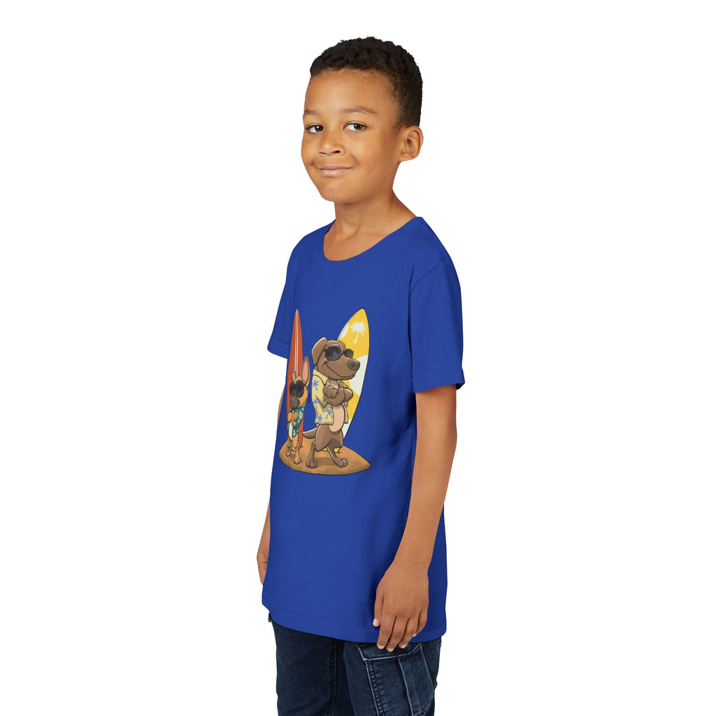 Surfer Dogs Kids T-Shirt | Funny Cartoon Dog Surfboard Tee for Boys & Girls