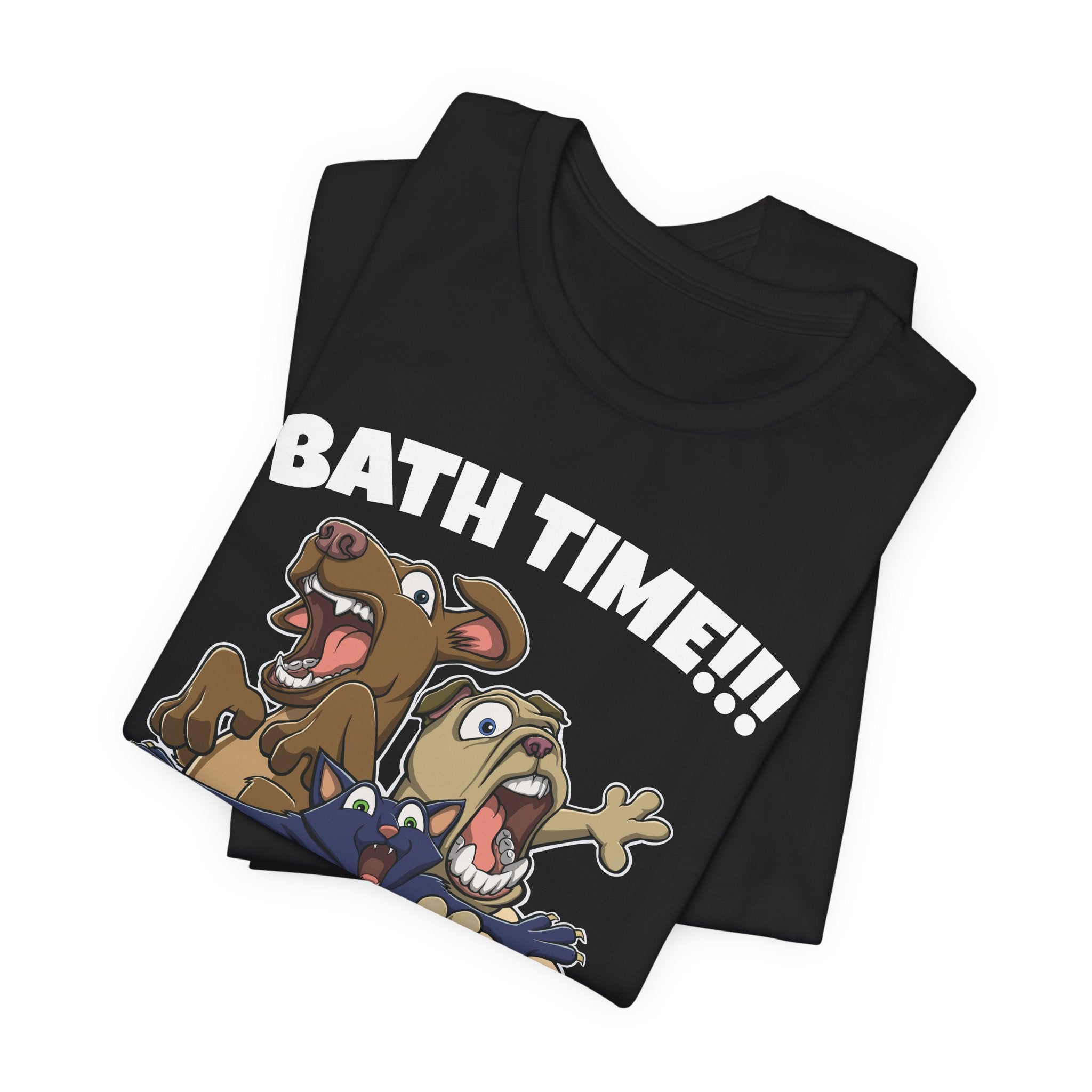 Funny Bath Time Cat & Dogs Cartoon | Unisex Jersey Short Sleeve Tee